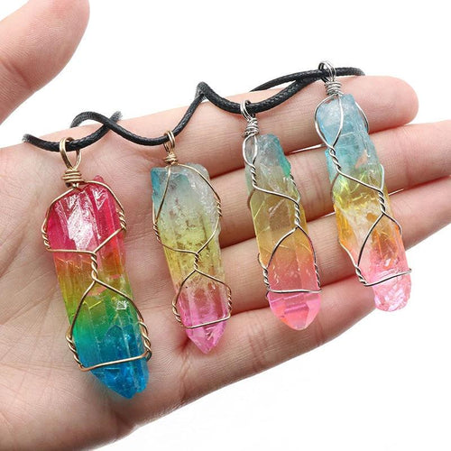 Mandotos stone crystal pillar Tree of Life pendant necklace with intricate design, showcasing a fashionable and elegant jewelry piece.