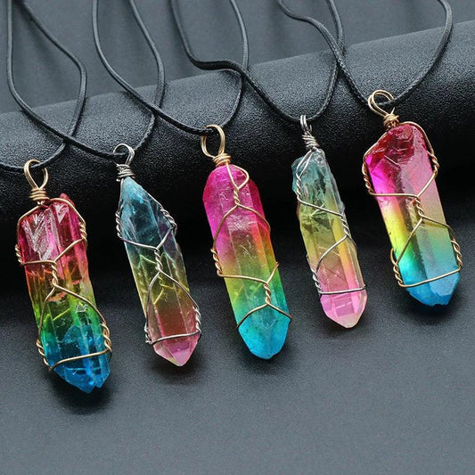 Mandotos stone crystal pillar Tree of Life pendant necklace, fashion jewelry with detailed craftsmanship and natural stone appearance.