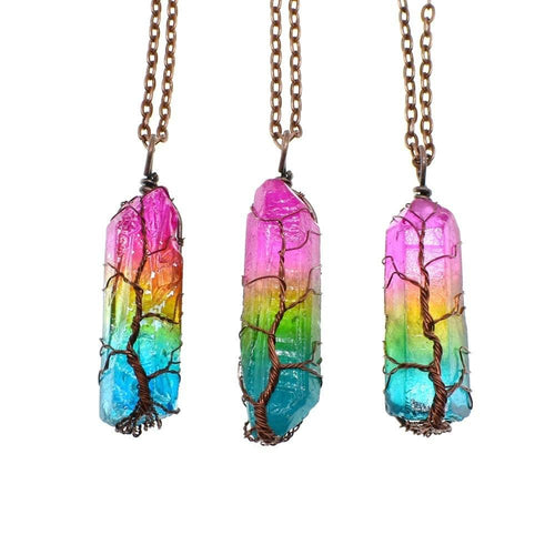 Mandotos crystal stone pillar Tree of Life pendant necklace, featuring intricate design and polished finish.