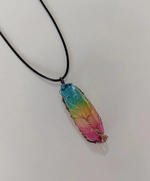 Mandotos stone crystal pillar Tree of Life pendant necklace, stylish jewelry with intricate design and natural gemstone details.