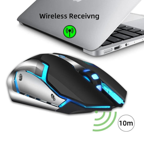 Mandotos HXSJ wireless gaming mouse with glowing LED lights, 2.4GPI connection, ergonomic design for precise control.
