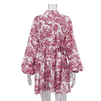 Ink Print Long Sleeve Short Dress With Fashion Puffy Sleeve Lapel Tie A-Line Dress Clothing MANDOTOS
