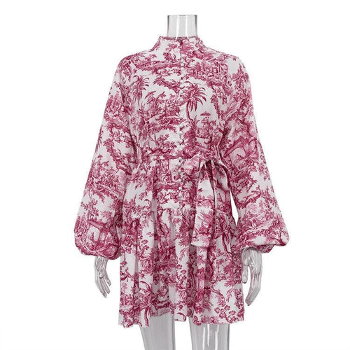 Mandotos ink print long sleeve short dress with puffy sleeves, lapel collar, and A-line silhouette on model.