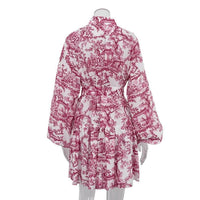 Ink Print Long Sleeve Short Dress With Fashion Puffy Sleeve Lapel Tie A-Line Dress Clothing MANDOTOS