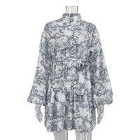 Ink Print Long Sleeve Short Dress With Fashion Puffy Sleeve Lapel Tie A-Line Dress Clothing MANDOTOS