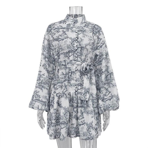 Mandotos ink print long sleeve short A-line dress with puffy sleeves, lapel tie, fashionable and stylish for women.