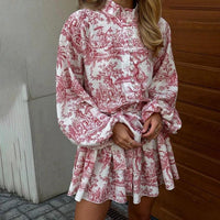 Ink Print Long Sleeve Short Dress With Fashion Puffy Sleeve Lapel Tie A-Line Dress Clothing MANDOTOS