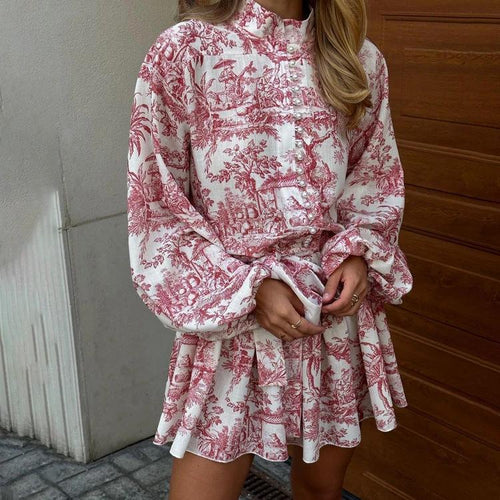 Mandotos ink print long sleeve short dress with puffy sleeves, lapel collar, and A-line silhouette, stylish fashion dress.