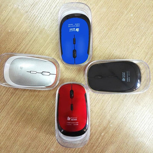 Wireless laptop mouse by MANDOTOS with ergonomic design and smooth scrolling, shown on a desk surface.