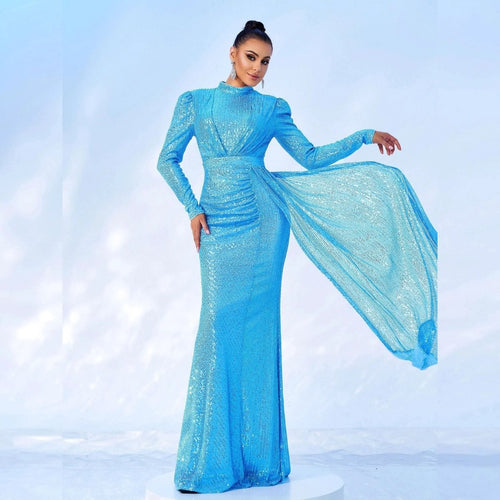 Long Sleeve Round Neck Sexy Slim Long Sequined Banquet Dress MANDOTOS