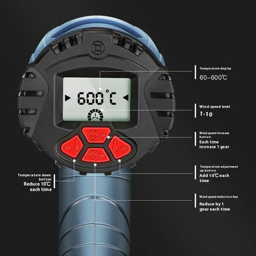 Mandotos digital display heat gun 2500W with ergonomic handle and adjustable temperature settings for crafts and DIY projects.