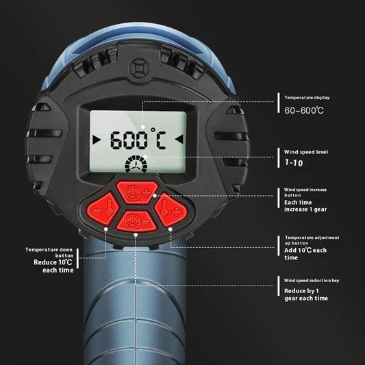 Mandotos digital display heat gun 2500W with ergonomic handle and adjustable temperature settings for crafts and DIY projects.