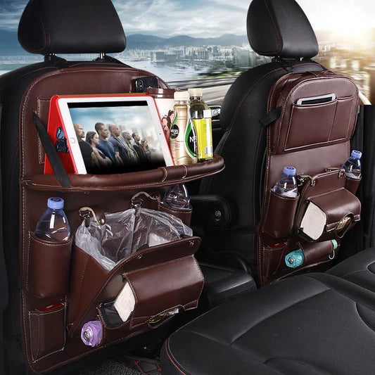 Mandotos waterproof PU leather car organizer seat back tray with compartments and sturdy design for vehicle storage.