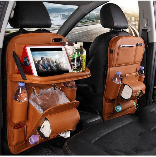 Mandotos PU leather waterproof car organizer seat back tray, designed for convenient storage and organization in vehicles.