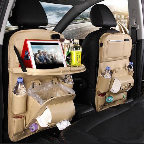 Mandotos PU leather car organizer seat back tray with waterproof design, providing convenient storage for car interior.