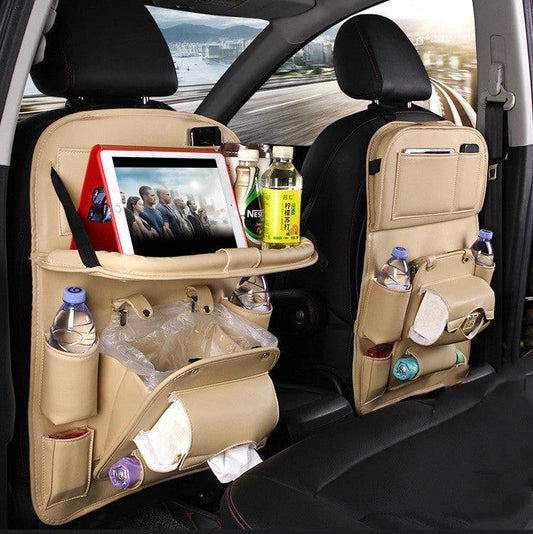 Mandotos PU leather car organizer seat back tray with waterproof design, providing convenient storage for car interior.