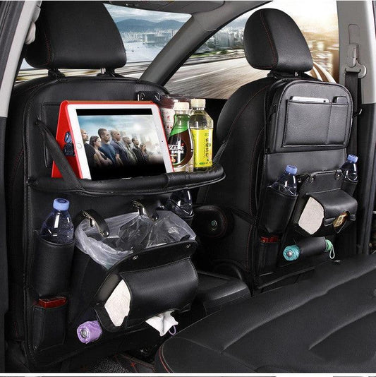 Mandotos PU leather car organizer seat back tray, waterproof, with multiple compartments for travel and storage.