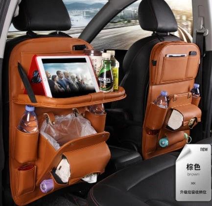 Mandotos PU leather car seat back organizer tray, waterproof car organizer with multiple compartments for travel essentials.