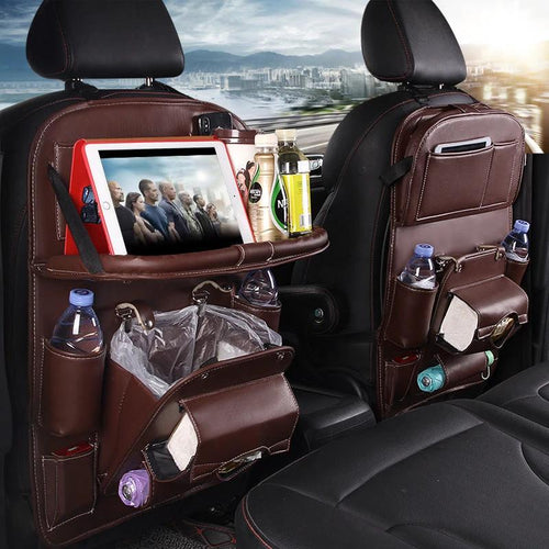 Mandotos PU leather waterproof car organizer seat back tray, designed for convenient storage and organization inside vehicles.