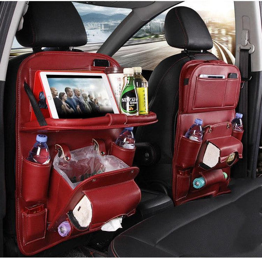 Mandotos PU leather car organizer seat back tray with waterproof design, provides convenient storage for vehicle rear seats.