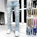 Men's Stacked Jeans - Individual Patched, Long Tight Fit Trousers for Bold Style MANDOTOS
