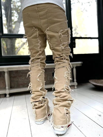 Men's Stacked Jeans - Individual Patched, Long Tight Fit Trousers for Bold Style MANDOTOS