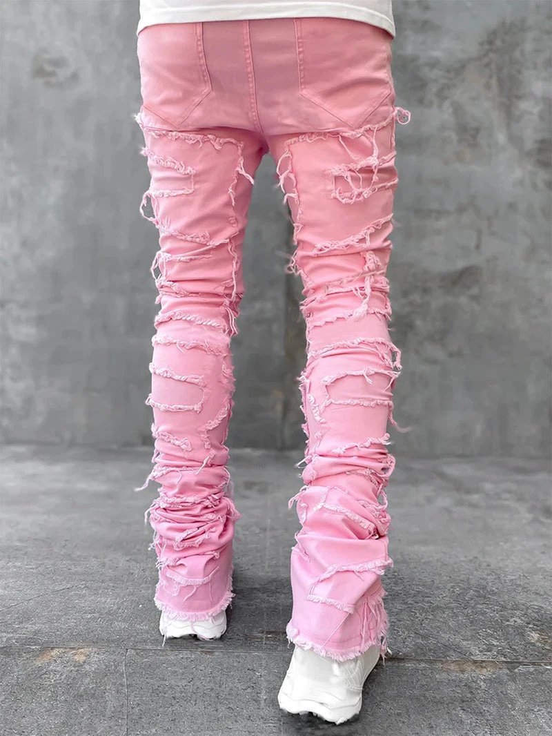 Men's Stacked Jeans - Individual Patched, Long Tight Fit Trousers for Bold Style MANDOTOS