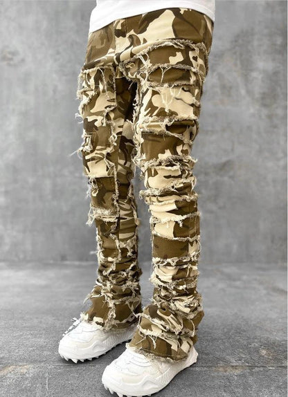 Men's Stacked Jeans - Individual Patched, Long Tight Fit Trousers for Bold Style MANDOTOS