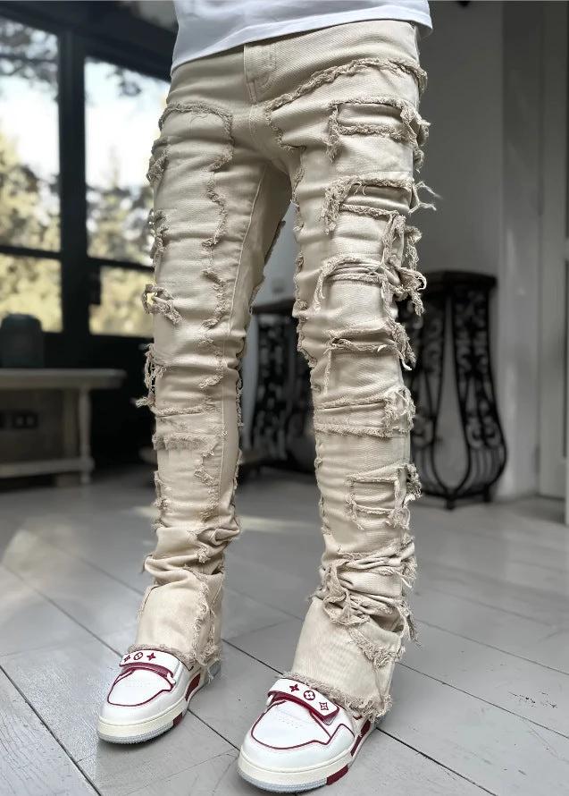 Men's Stacked Jeans - Individual Patched, Long Tight Fit Trousers for Bold Style MANDOTOS