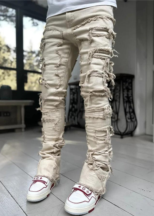 Men's Stacked Jeans - Individual Patched, Long Tight Fit Trousers for Bold Style MANDOTOS