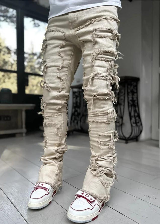 Men's Stacked Jeans - Individual Patched, Long Tight Fit Trousers for Bold Style MANDOTOS