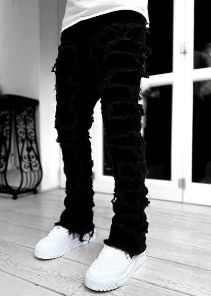 Men's Stacked Jeans - Individual Patched, Long Tight Fit Trousers for Bold Style MANDOTOS