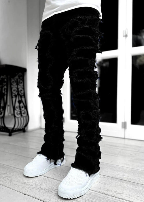 Men's Stacked Jeans - Individual Patched, Long Tight Fit Trousers for Bold Style MANDOTOS