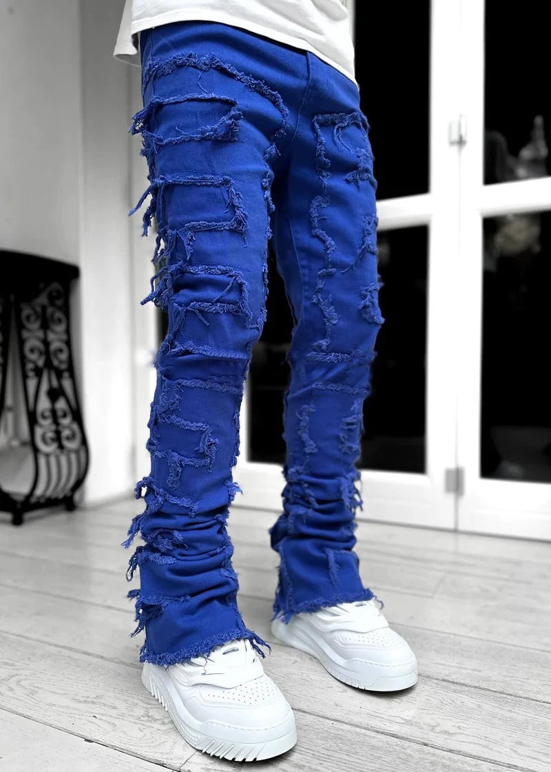 Men's Stacked Jeans - Individual Patched, Long Tight Fit Trousers for Bold Style MANDOTOS
