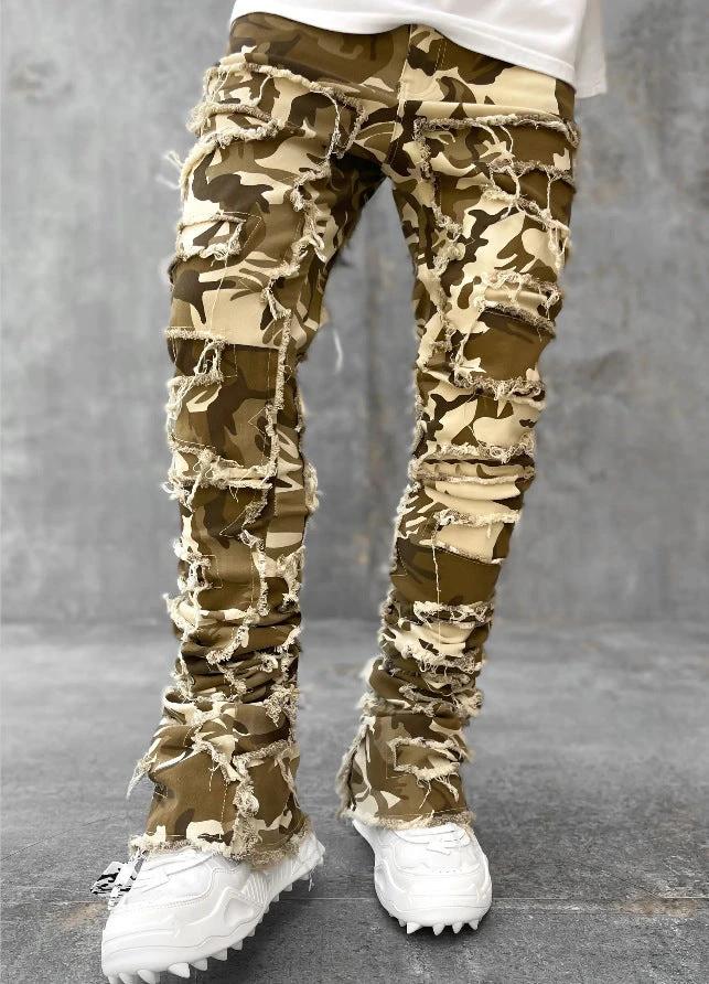 Men's Stacked Jeans - Individual Patched, Long Tight Fit Trousers for Bold Style MANDOTOS