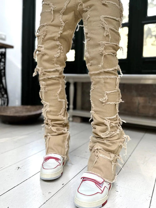 Men's Stacked Jeans - Individual Patched, Long Tight Fit Trousers for Bold Style MANDOTOS