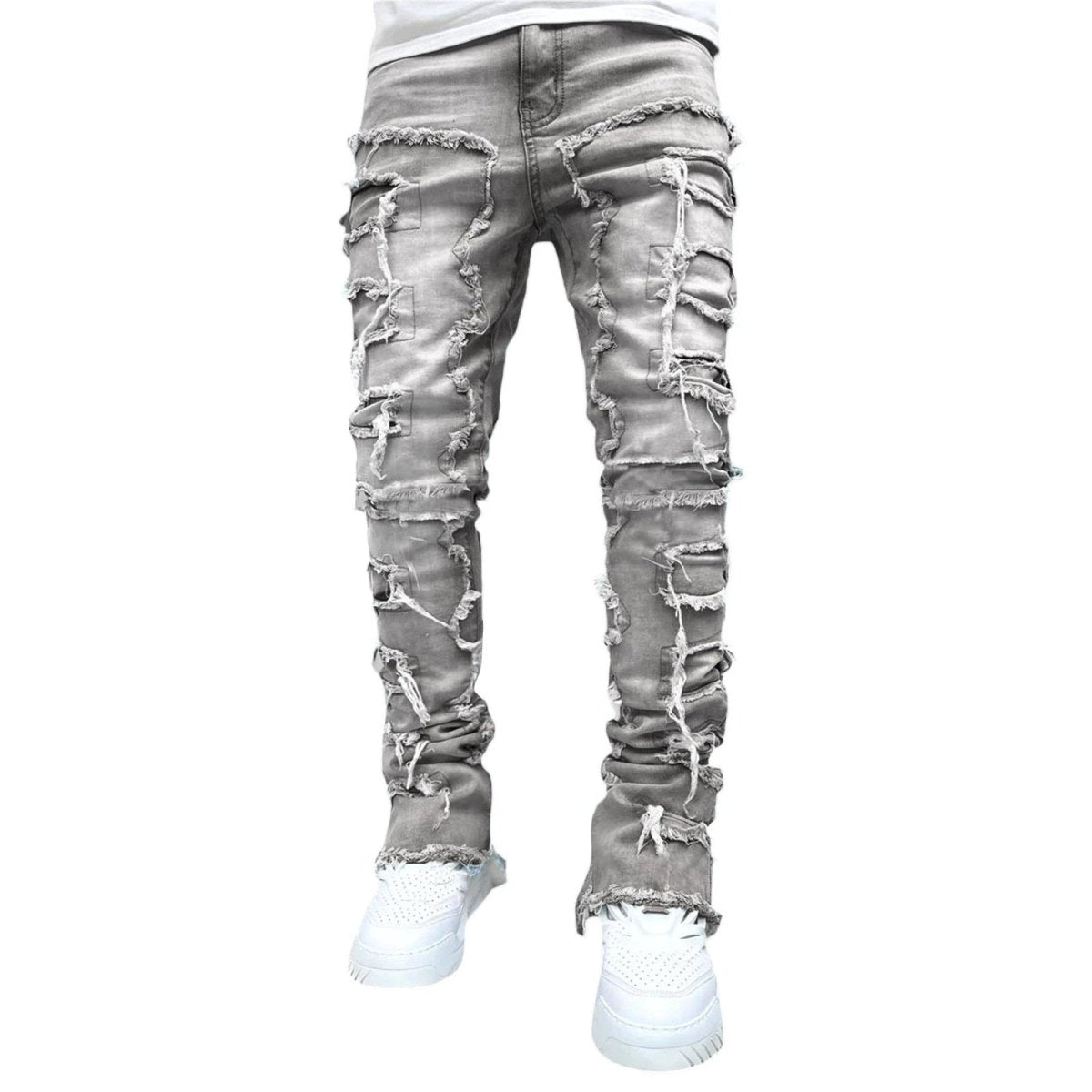 Men's Stacked Jeans - Individual Patched, Long Tight Fit Trousers for Bold Style MANDOTOS