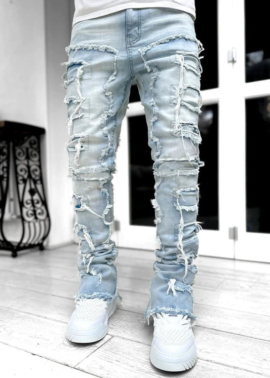 Men's Stacked Jeans - Individual Patched, Long Tight Fit Trousers for Bold Style MANDOTOS