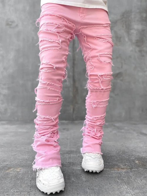 Men's Stacked Jeans - Individual Patched, Long Tight Fit Trousers for Bold Style MANDOTOS