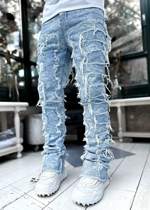 Men's Stacked Jeans - Individual Patched, Long Tight Fit Trousers for Bold Style MANDOTOS