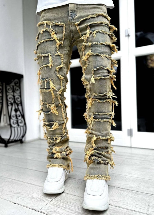 Men's Stacked Jeans - Individual Patched, Long Tight Fit Trousers for Bold Style MANDOTOS