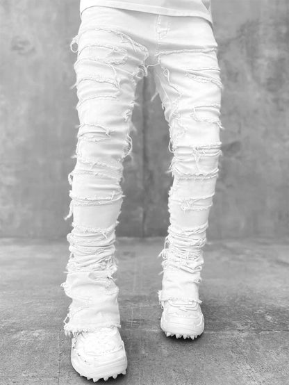 Men's Stacked Jeans - Individual Patched, Long Tight Fit Trousers for Bold Style MANDOTOS