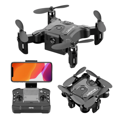 Mini folding drone from MANDOTOS with compact design, four propellers, and remote control, ideal for aerial photography and indoor flying.