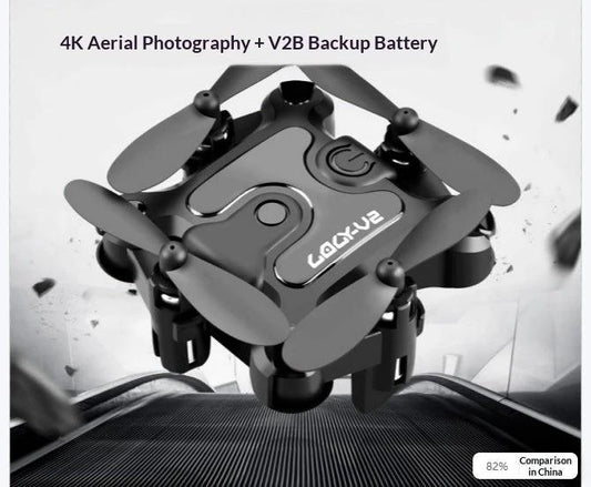Mini folding drone by MANDOTOS with compact design, four propellers, and remote control, suitable for easy outdoor flying.