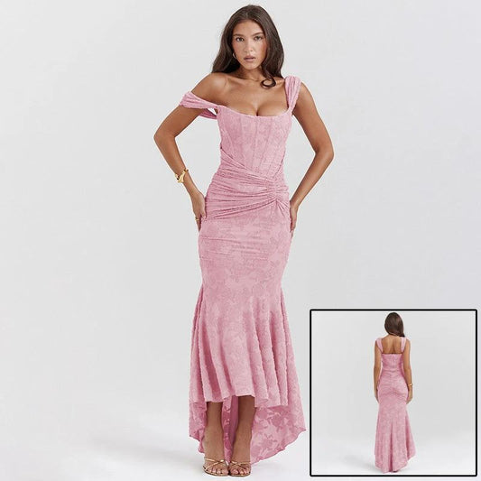 Purple Mozision off-shoulder backless evening dress for women, sleeveless strapless ruched bodycon club party dress by MANDOTOS.