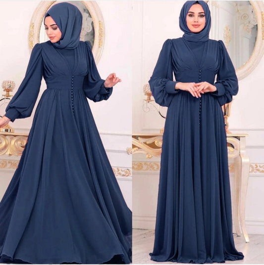 Mandotos Muslim women's long sleeve chiffon dress with modest, flowing fabric and elegant design, suitable for religious or special occasions.