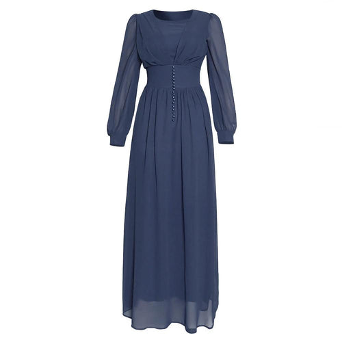 Mandotos Muslim women's long sleeve chiffon dress, elegant and modest, with flowing fabric and intricate detailing.