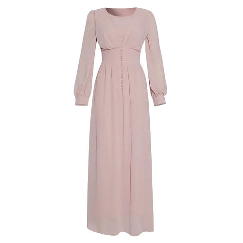 Mandotos Muslim women's long sleeve chiffon dress, elegant modest attire with flowing fabric and intricate detailing.