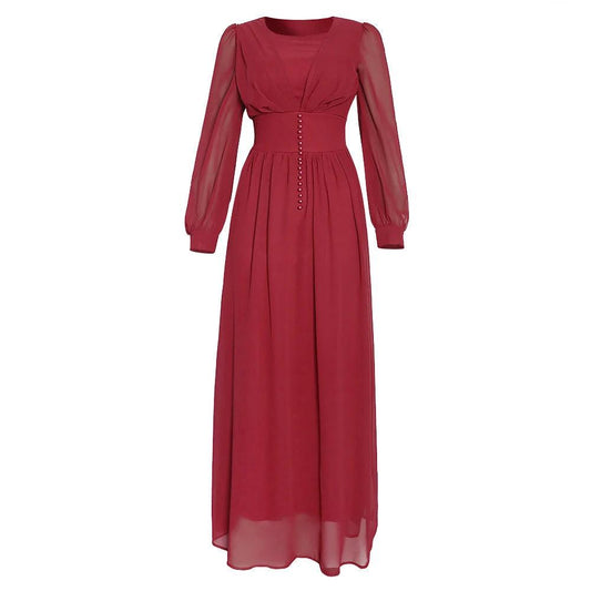 Mandotos Muslim women's long sleeve chiffon dress featuring elegant, flowing fabric and modest design for special occasions.