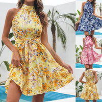 New Flowers Print Halterneck Dress Summer Fashion Temperament Lace-up Ruffled Dresses For Women MANDOTOS